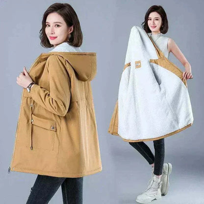 Women Winter Jacket in cotton fabric in yellow with Lining Plush Hooded