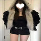  Women Wearing Winter New Black Elegant Liner with Fur Loose Coat front view