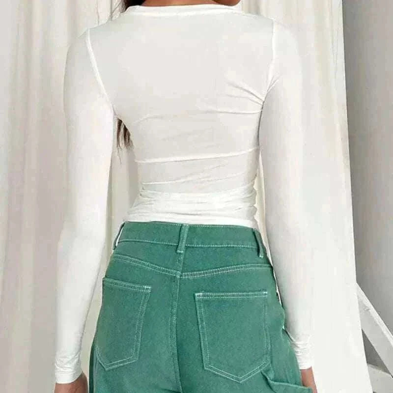 Woman Wearing White Clothing Long Sleeve T-shirt Slim Fit Back View