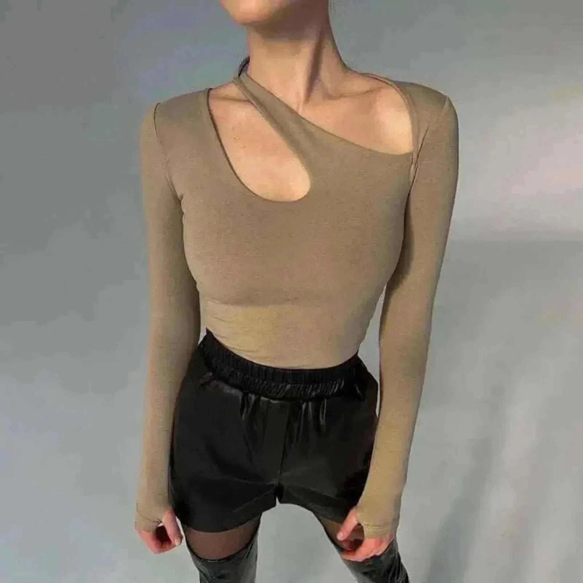 Women Wearing Hollowing Irregularity Body Korean Cotton Khaki Top