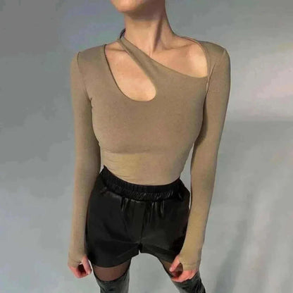 Women Wearing Hollowing Irregularity Body Korean Cotton Khaki Top