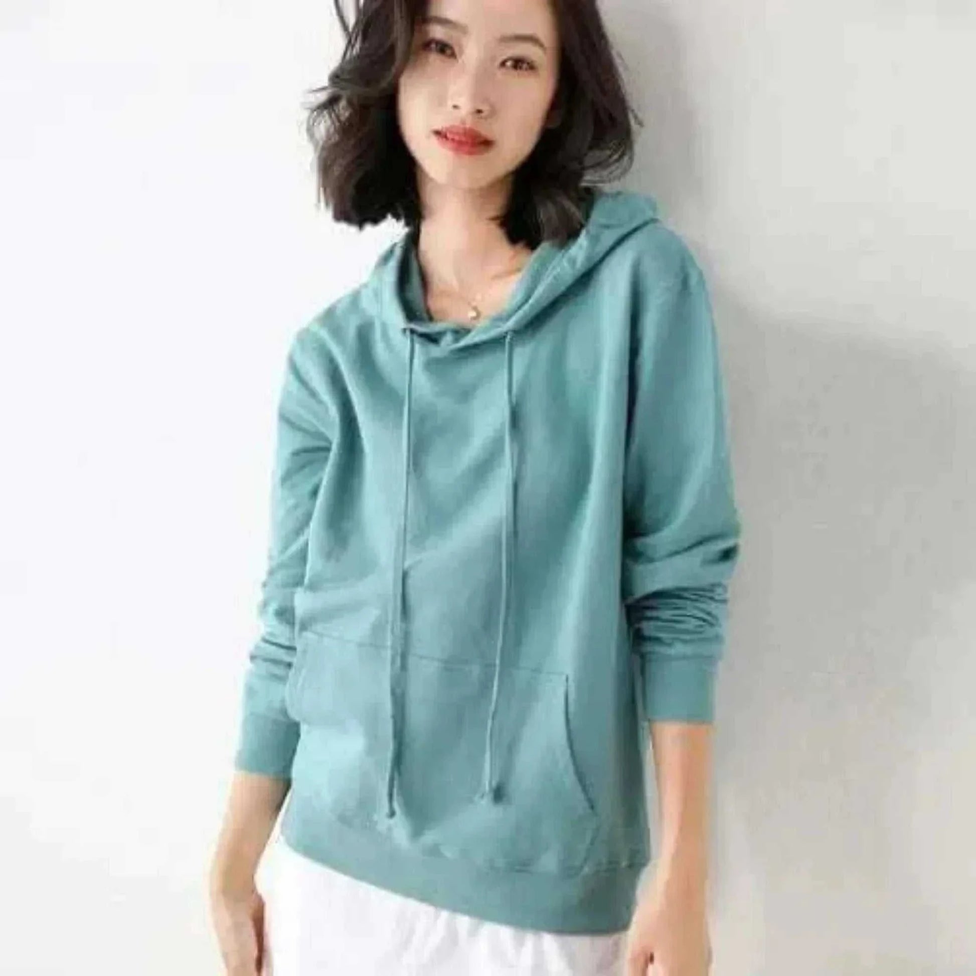 Women Wearing Turquoise Hoodies 100% Cotton Spring Autumn Loose Long Sleeve.