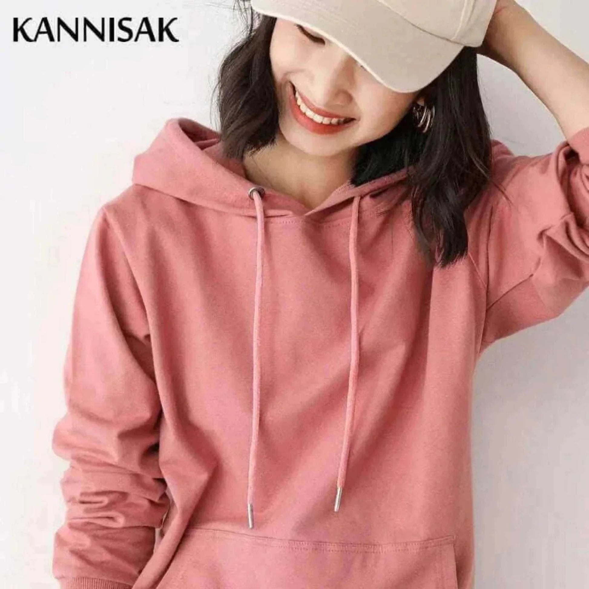 Women Wearing Pink Hoodies 100% Cotton Spring Autumn Loose Long Sleeve.