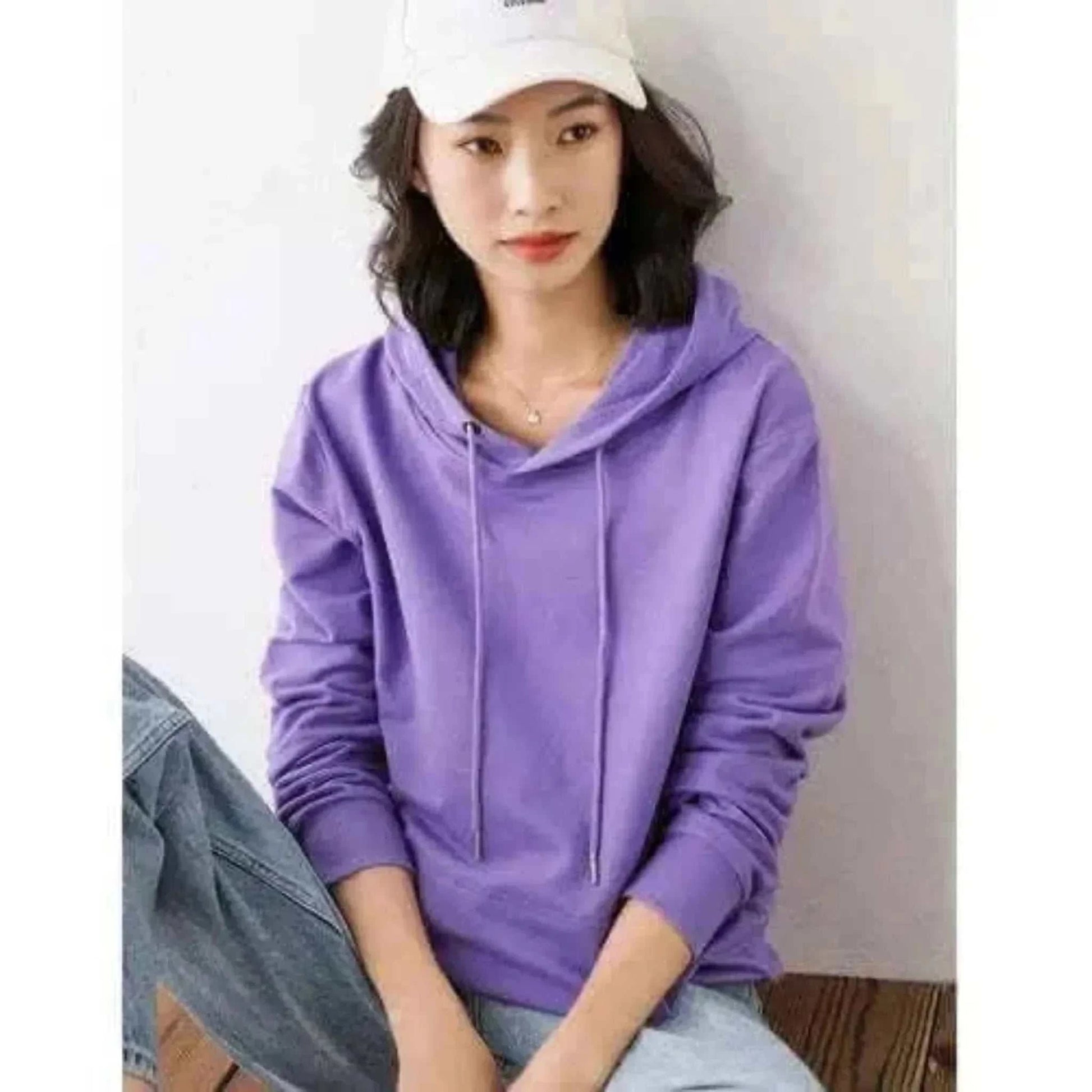 Women Wearing Purple Hoodies 100% Cotton Spring Autumn Loose Long Sleeve.