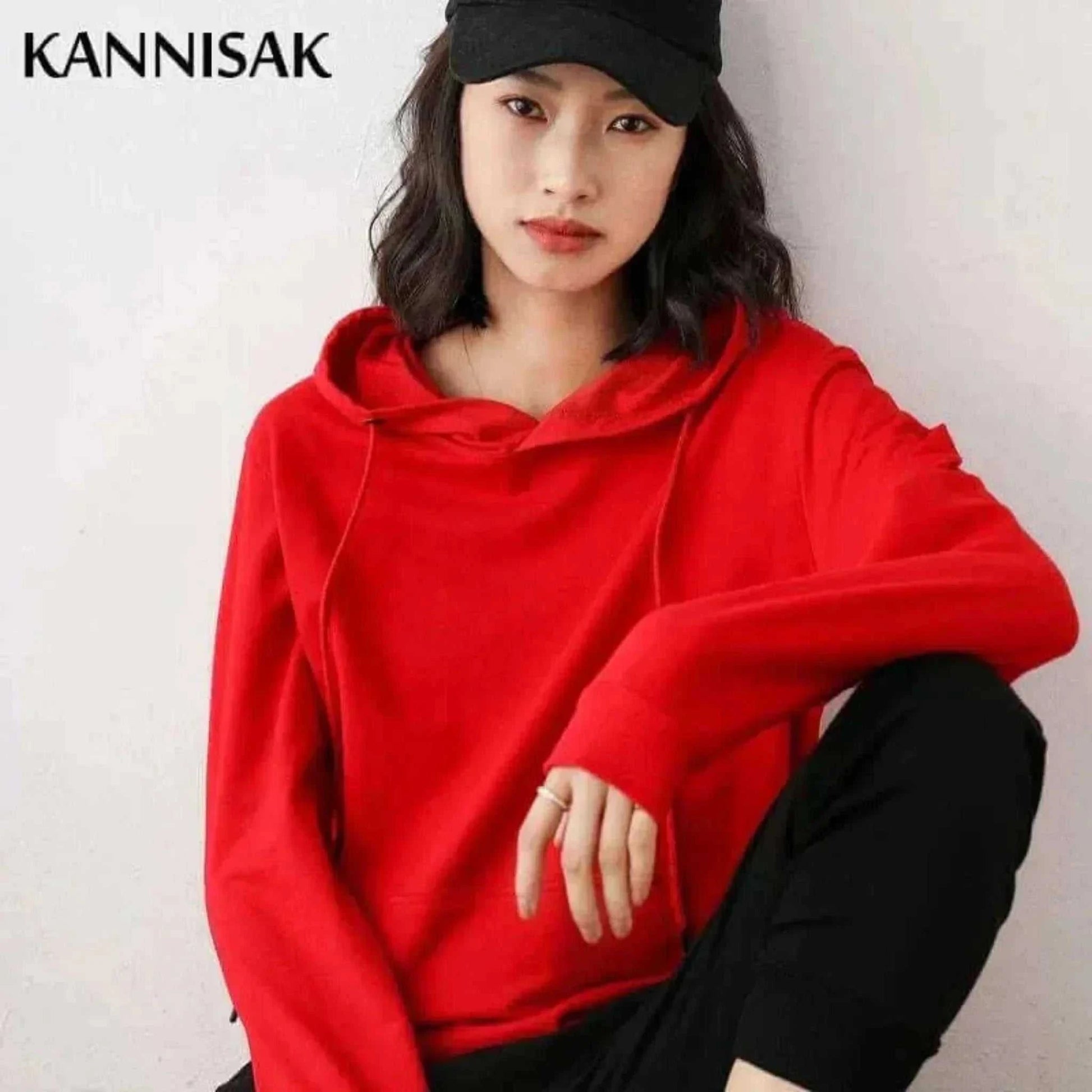 Women Wearing Red Hoodies 100% Cotton Spring Autumn Loose Long Sleeve.