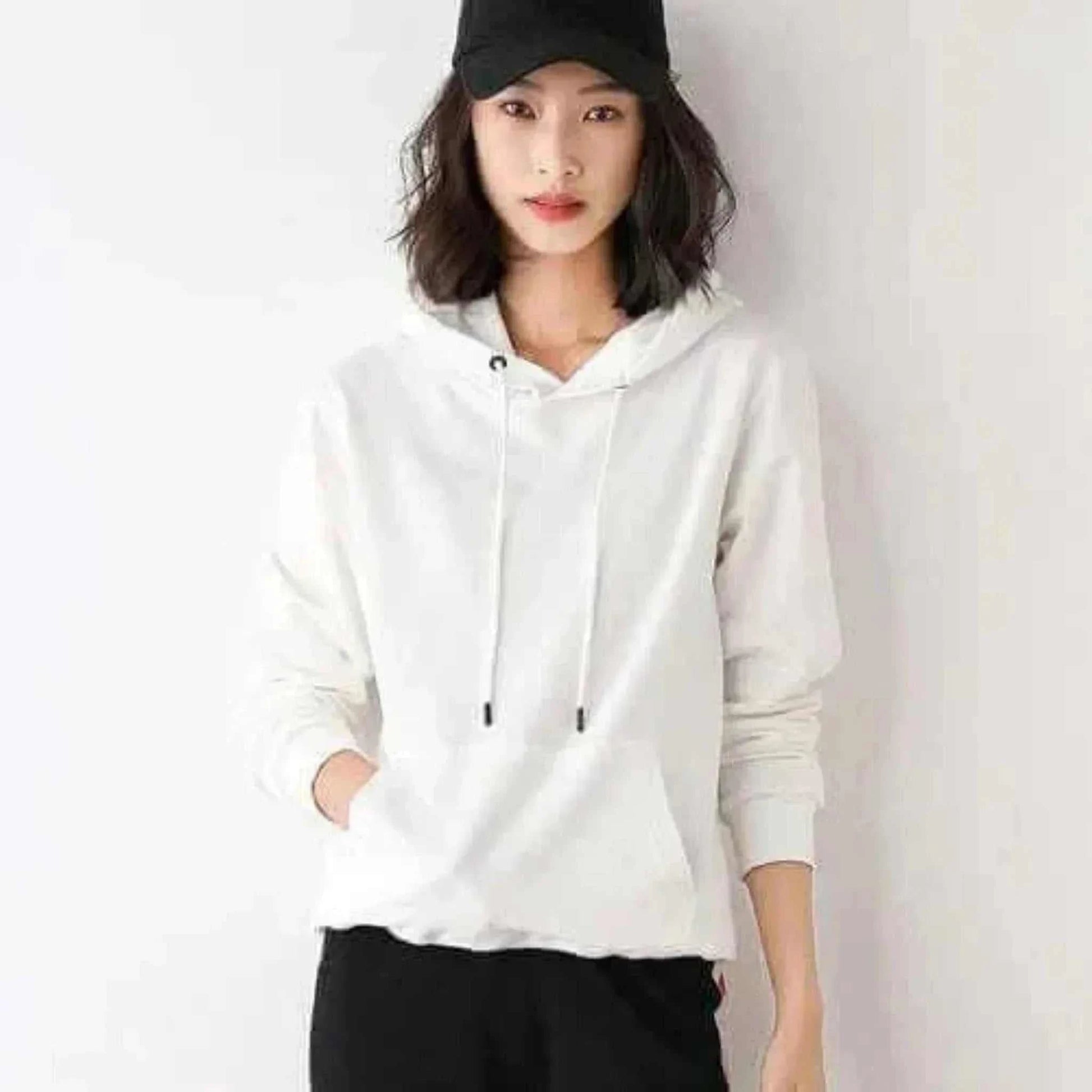 Women Wearing White Hoodies 100% Cotton Spring Autumn Loose Long Sleeve.
