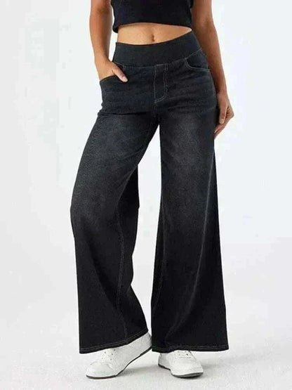 Women Jeans Black Denim Pant Wide Leg