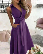Women Wearing Purple Pocket Midi Dress Casual.