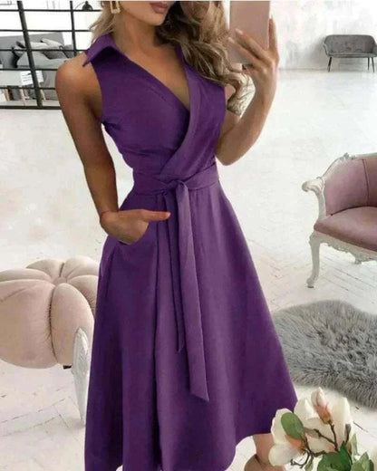 Women Wearing Purple Pocket Midi Dress Casual.