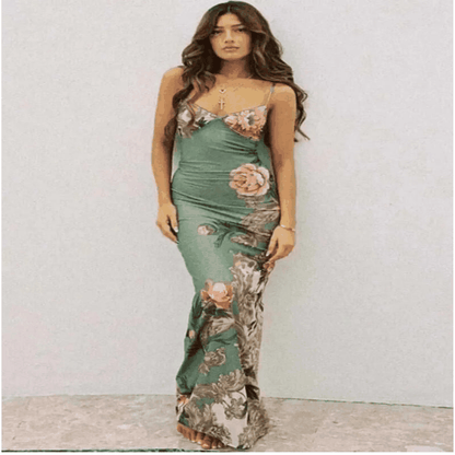 Women Wearing  Green Floral Print Summer Blue Dress Fashion Casual