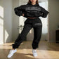 Women's Hoodies Black Two Pieces Sets Fashion Letter Print Pullover Sweatpants