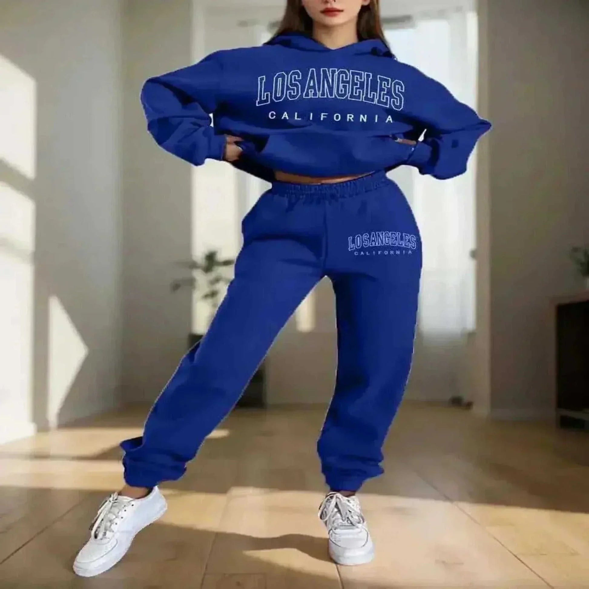Women's Hoodies Blue Two Pieces Sets Fashion Letter Print Pullover Sweatpants