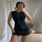 Model Wearing Black Casual Mini Dress.
