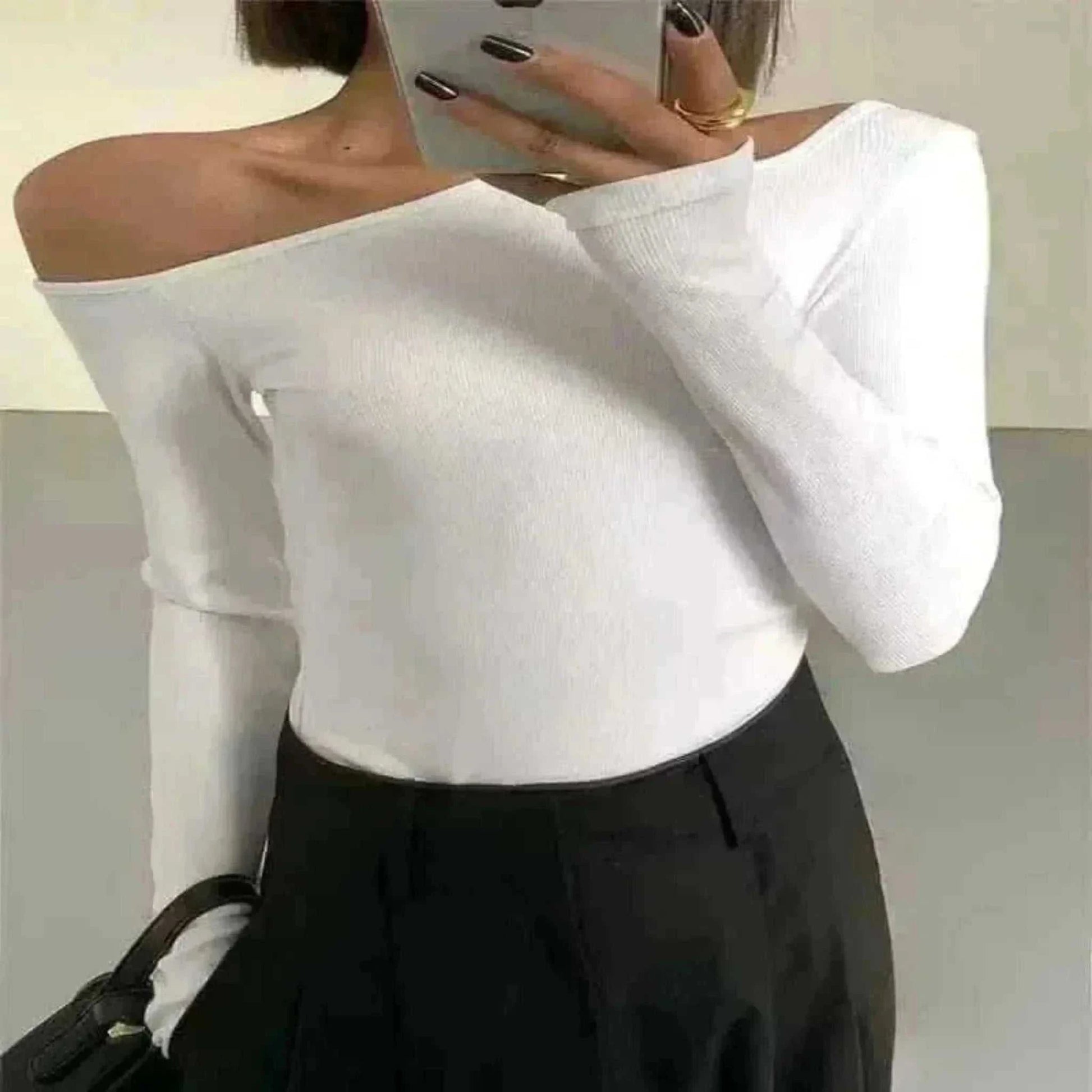 Women Wearing White Fashion Skew Collar Off-shoulder Long-sleeved T-shirts, ladies summer tops uk