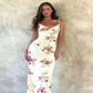 Women Wearing Floral Print Summer Pink Dress with Sleeveless V-neck Backless Tunics, 