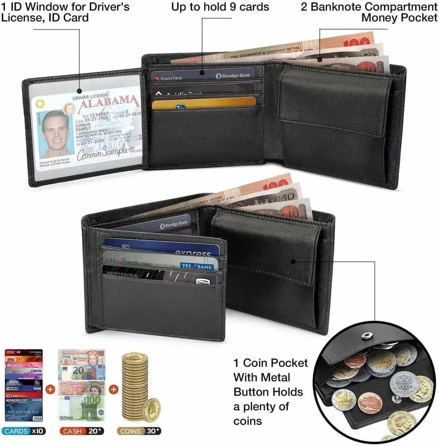 Men's Leather Wallets-Genuine Leather Wallet Men Classic Black Soft Purse Coin Pocket Credit Card Holder.