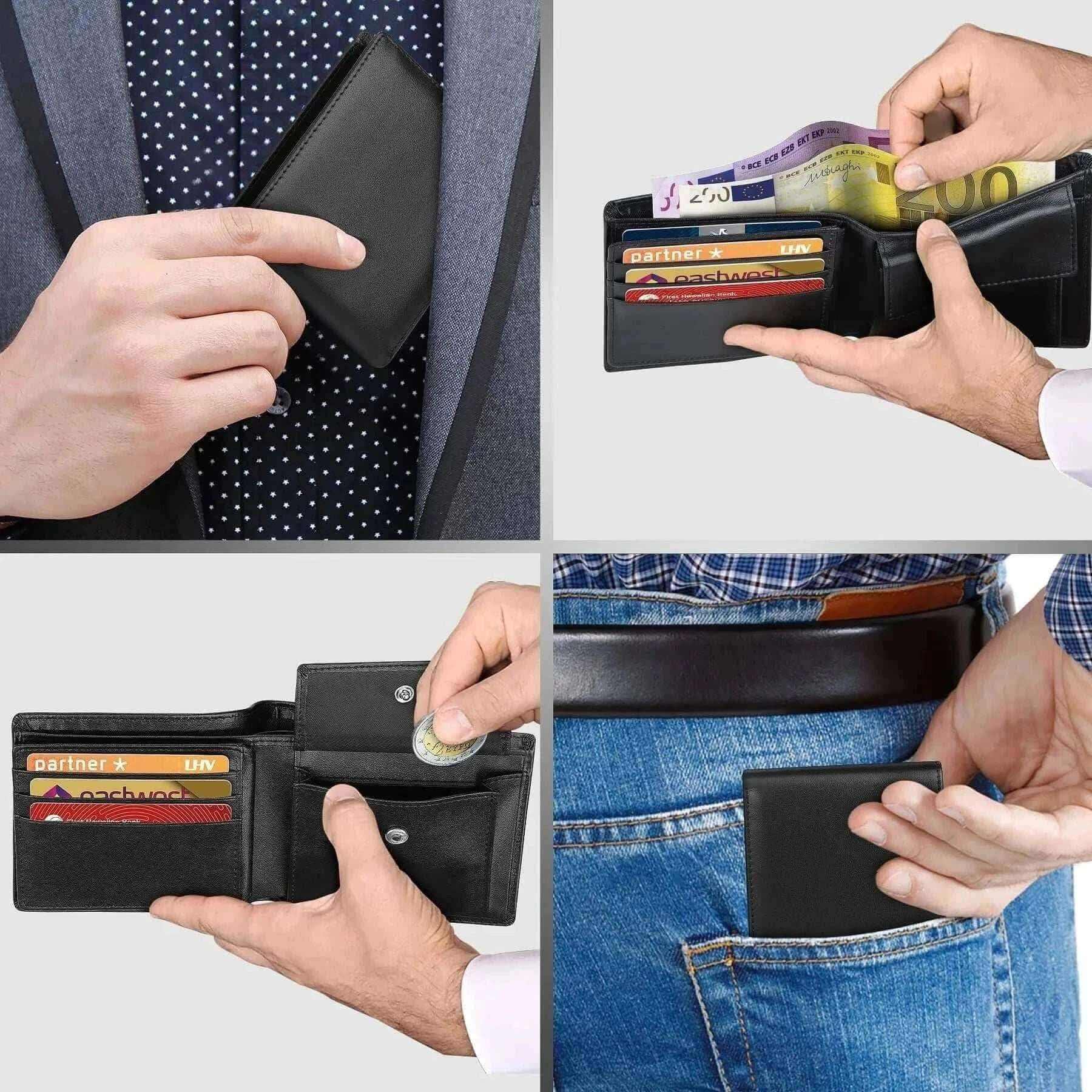 Men's Leather Wallets-Genuine Leather Wallet Men Classic Black Soft Purse Coin Pocket Credit Card Holder.