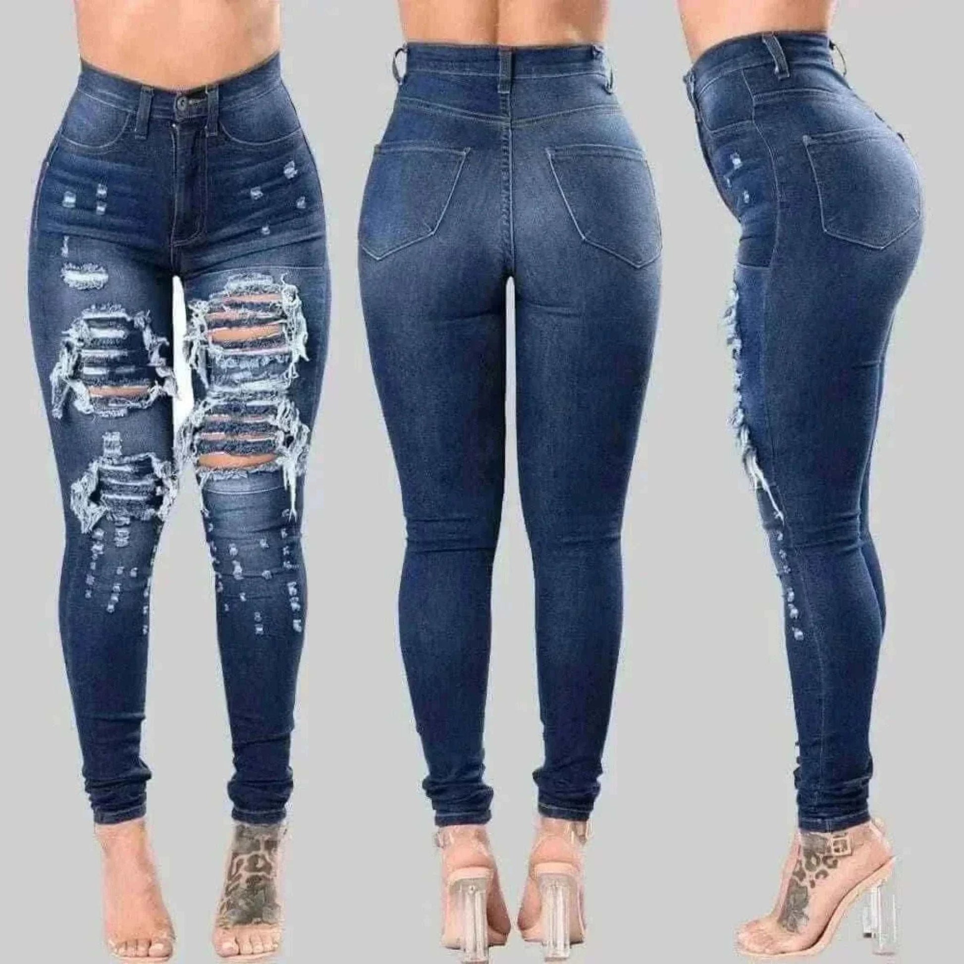 HOLE Denim Women 2024 High Waist Ripped Jeans for Women Skinny Black Pockets Jeans Woman Elastic Slim Jean Female Femme Pants.