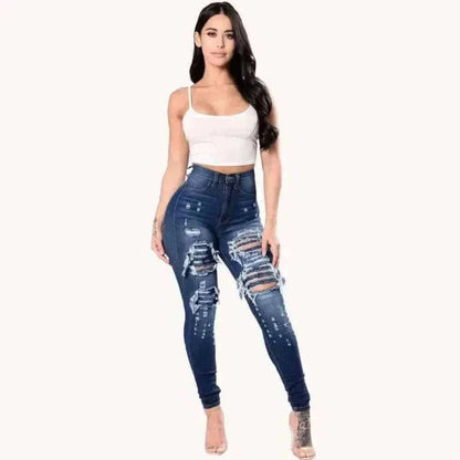 HOLE Denim Women 2024 High Waist Ripped Jeans for Women Skinny Black Pockets Jeans Woman Elastic Slim Jean Female Femme Pants.