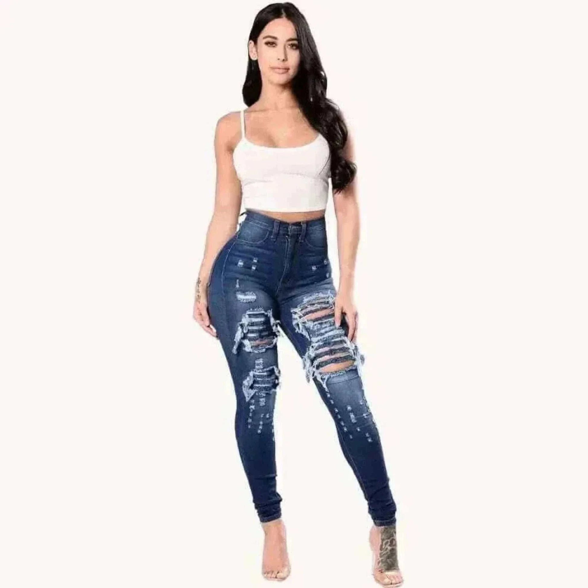 HOLE Denim Women 2024 High Waist Ripped Jeans for Women Skinny Black Pockets Jeans Woman Elastic Slim Jean Female Femme Pants.