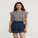 Women Model In Blue Y2K Ruffle Layered Hollow Mini Skirt