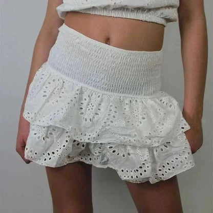 Women White Y2K Ruffle Layered Hollow Mini Skirts