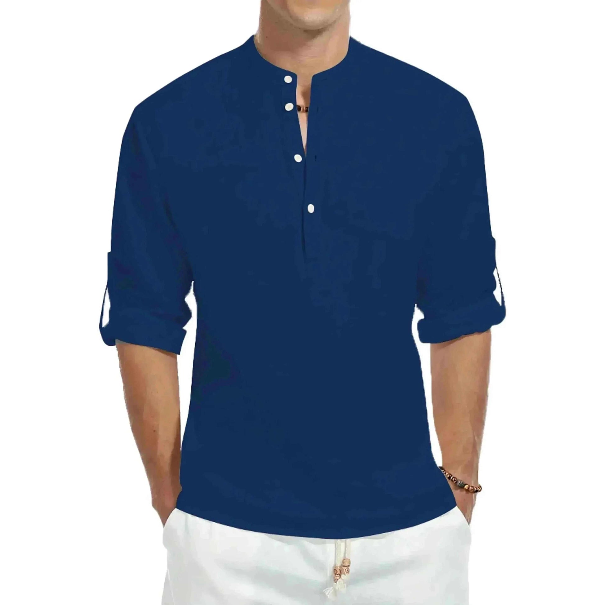 Men's Casual Cotton Stand Collar Long Shirt