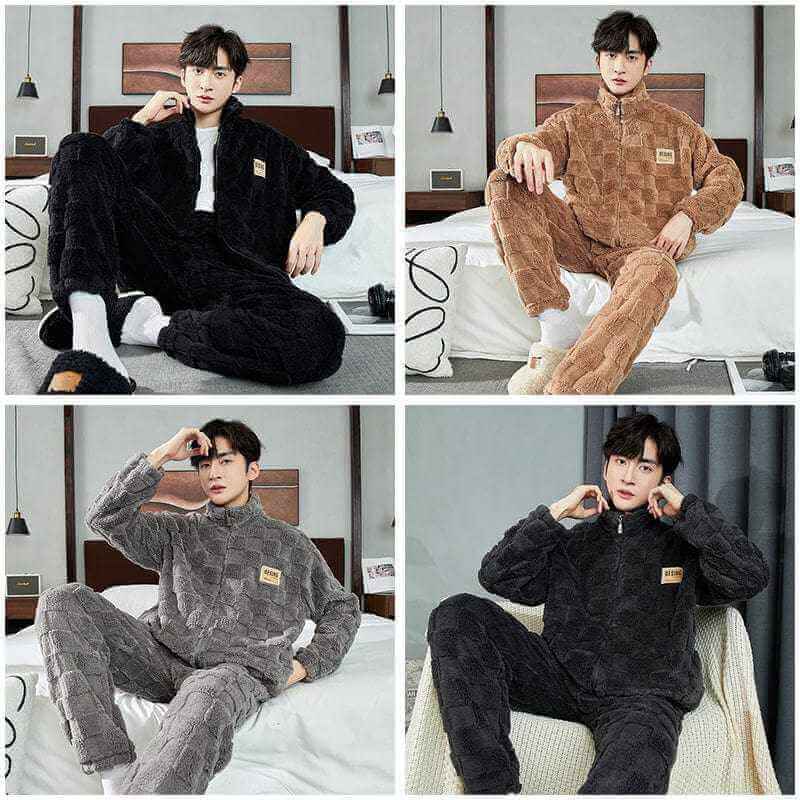 Men Warm Flannel Pajamas Autumn Thicken Long-sleeved Trousers Two-Piece Set Winter Man Pyjamas Loose Comfortable Sleepwear Suit.