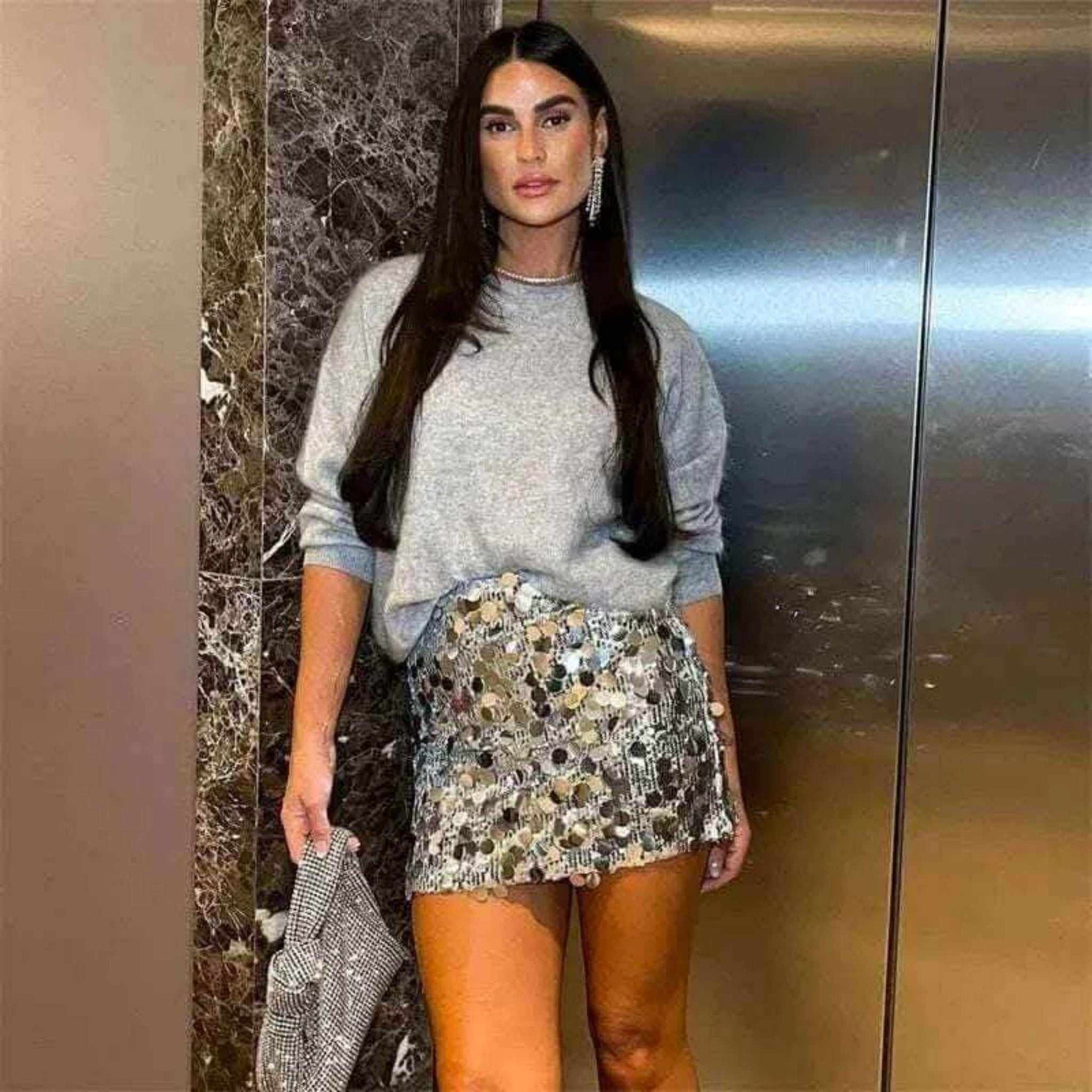 Women Model Wearing Silver Sequin High-Mini Skirt