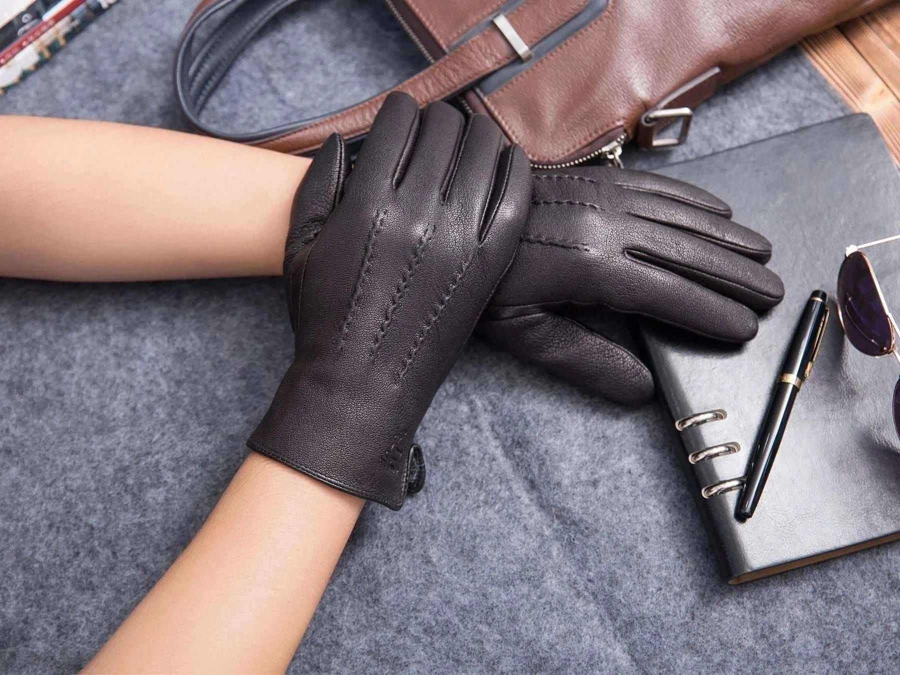 MPPM Winter Gloves Men Genuine Leather Sheepskin for Adult Warm Winter Deerskin Gloves Christmas Gift  Men's Sheepskin Gloves.