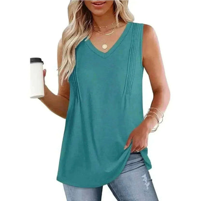 Women Wearing Malachite Blue Summer Pleated Tank Tops