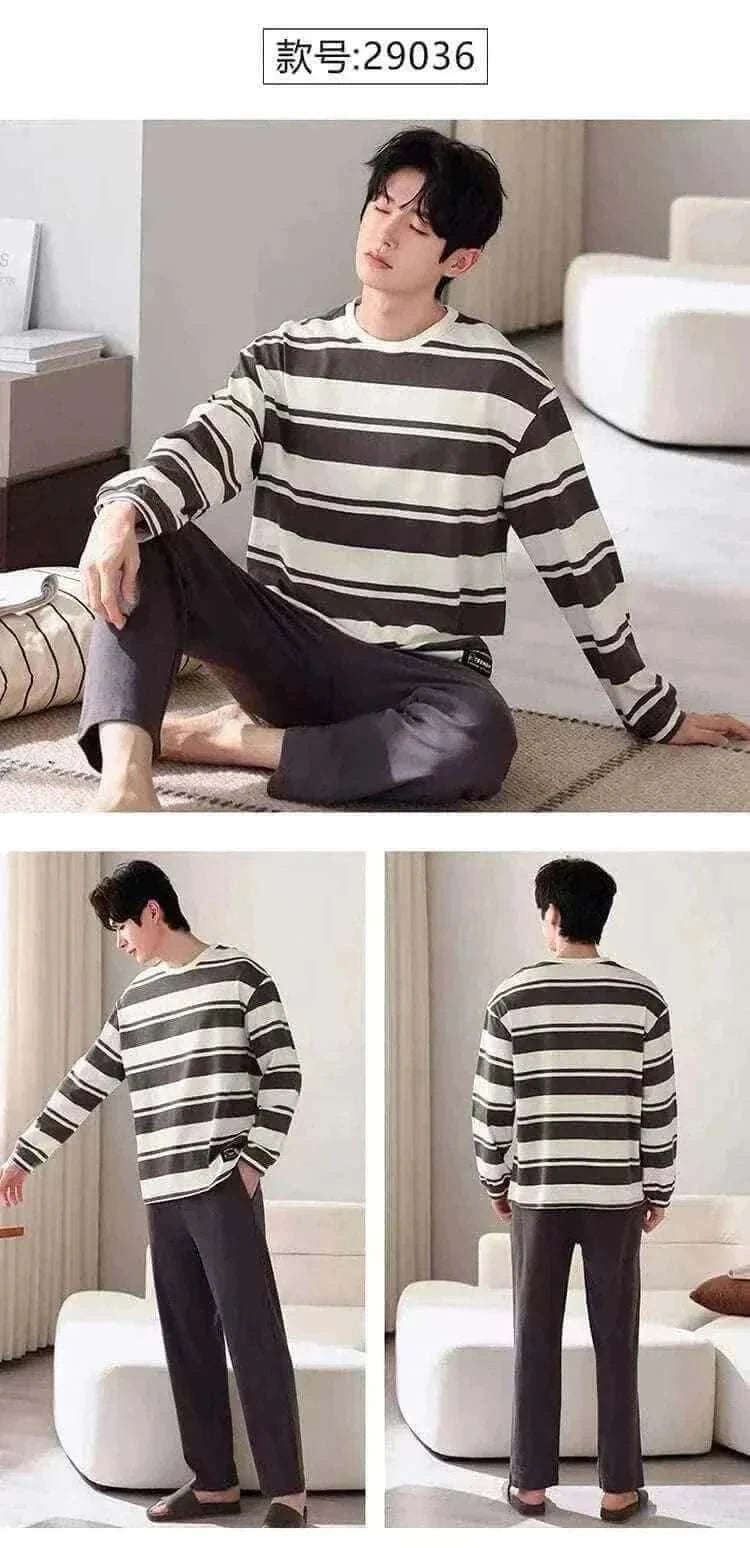 Plus Size M-4XL Men Pajamas Set 100% Cotton Striped Sleepwear Male Long Sleeve Casual Pyjamas.