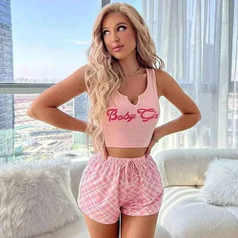 Sleepwear Women Sexy Pyjamas Set Lingerie Casual Printed Camisole with Plaid Shorts Sets