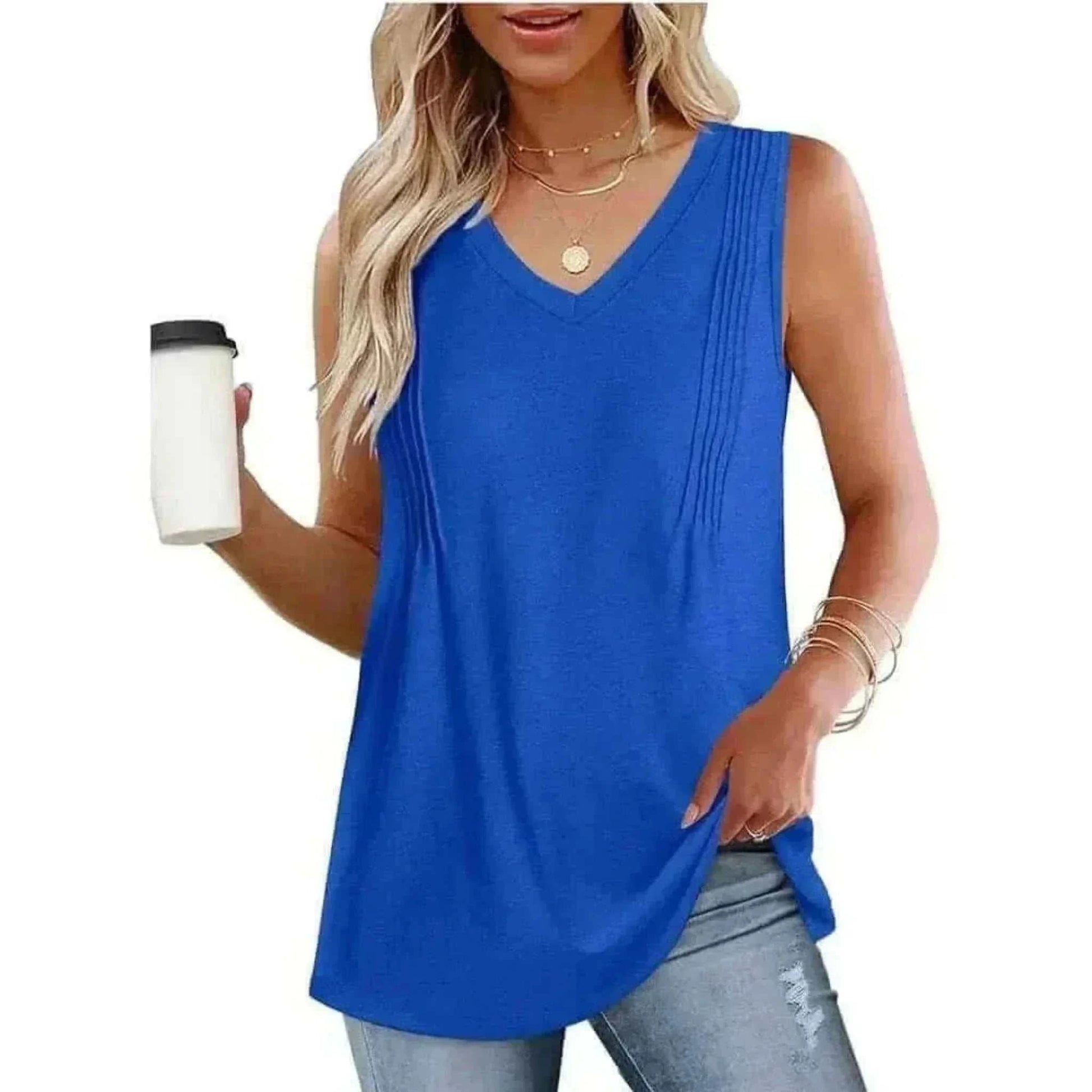 Women Wearing Blue  Summer Pleated Tank Tops