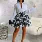 CM.YAYA Fashion Women Sets Full Sleeeve Shirt + Print Mini Skirts Suits.
