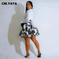 CM.YAYA Fashion Women Sets Full Sleeeve Shirt + Print Mini Skirts Suits.