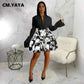 CM.YAYA Fashion Women Sets Full Sleeeve Shirt + Print Mini Skirts Suits.