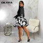 CM.YAYA Fashion Women Sets Full Sleeeve Shirt + Print Mini Skirts Suits.