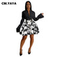 CM.YAYA Fashion Women Sets Full Sleeeve Shirt + Print Mini Skirts Suits.