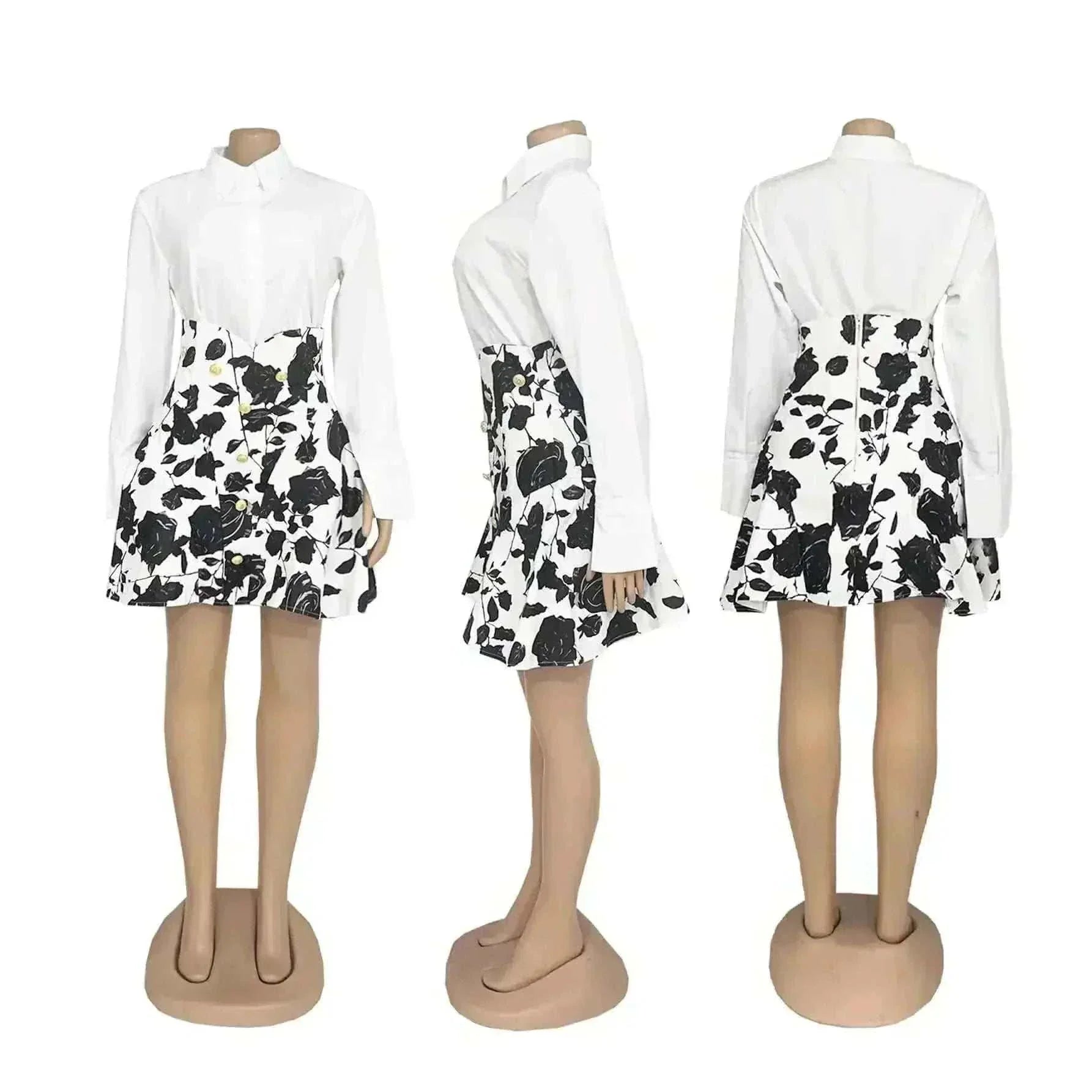 CM.YAYA Fashion Women Sets Full Sleeeve Shirt + Print Mini Skirts Suits.