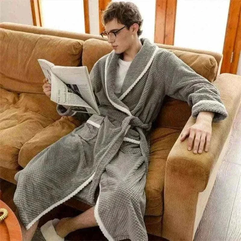 Warm Autumn Winter Flannel Men Bathrobe Thick Long Night Sleepwear Velvet Kimono Robe Men's Clothing Homewear Dressing Gown.