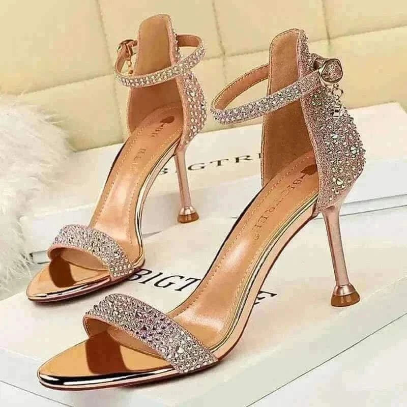 Women Summer Sandals 8.5cm High Heeled Rhinestone Crystal Middle Heels Ankle Strappy Sandles Lady Wedding Event Party Gold Shoes.