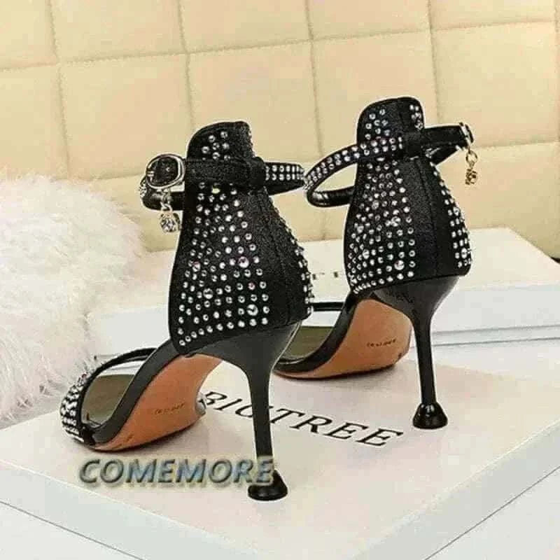 Women Summer Sandals 8.5cm High Heeled Rhinestone Crystal Middle Heels Ankle Strappy Sandles Lady Wedding Event Party Gold Shoes.