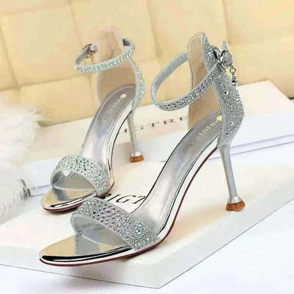 Women Summer Sandals 8.5cm High Heeled Rhinestone Crystal Middle Heels Ankle Strappy Sandles Lady Wedding Event Party Gold Shoes.