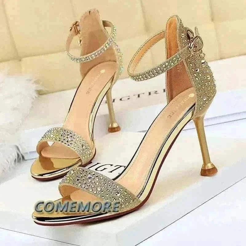 Women Summer Sandals 8.5cm High Heeled Rhinestone Crystal Middle Heels Ankle Strappy Sandles,womens sandals uk