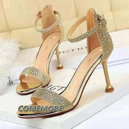 Women Summer Sandals 8.5cm High Heeled Rhinestone Crystal Middle Heels Ankle Strappy Sandles,womens sandals uk