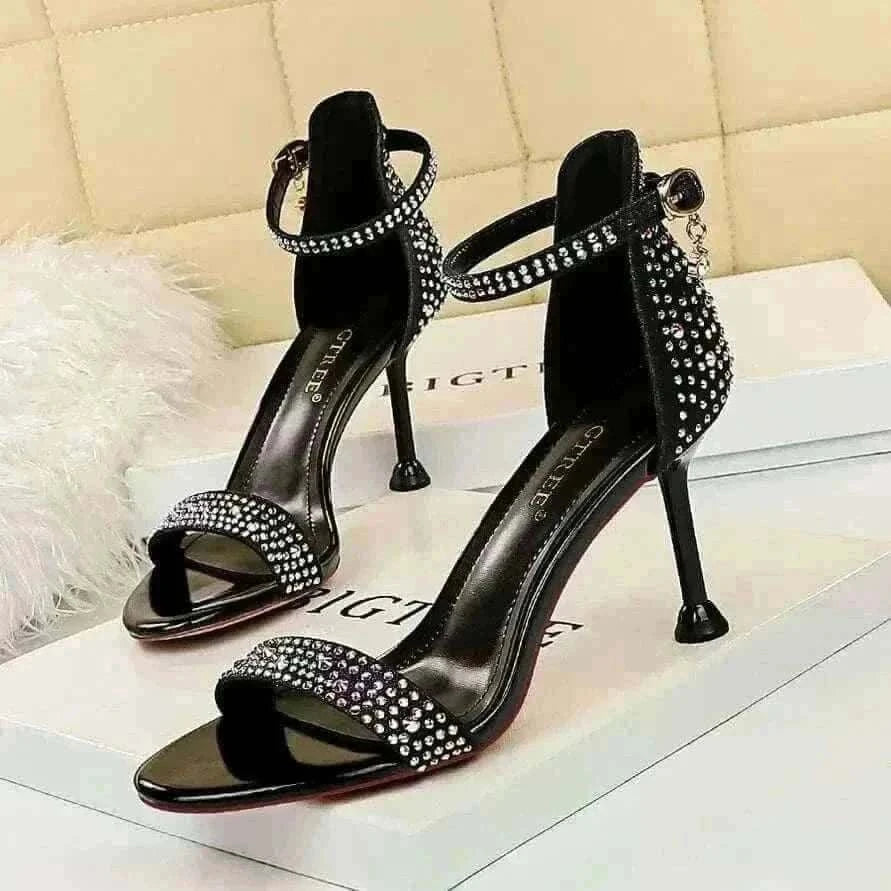 Women Summer Sandals 8.5cm High Heeled Rhinestone Crystal Middle Heels Ankle Strappy Sandles Lady Wedding Event Party Gold Shoes.