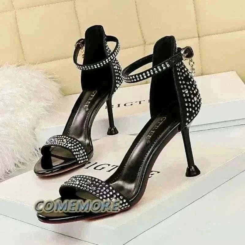 Women Summer Sandals 8.5cm High Heeled Rhinestone Crystal Middle Heels Ankle Strappy Sandles Lady Wedding Event Party Gold Shoes.