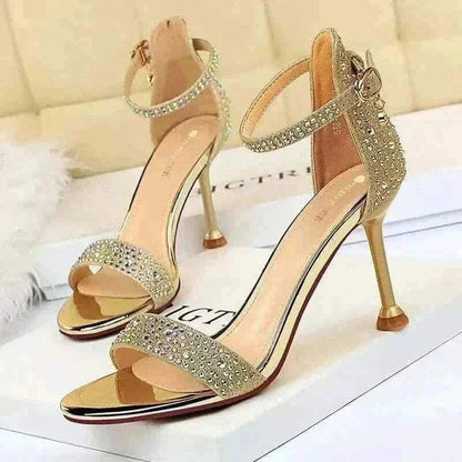 Women Summer Sandals 8.5cm High Heeled Rhinestone Crystal Middle Heels Ankle Strappy Sandles Lady Wedding Event Party Gold Shoes.