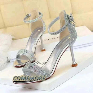 Women Summer Sandals 8.5cm High Heeled Rhinestone Crystal Middle Heels Ankle Strappy Sandles Lady Wedding Event Party Gold Shoes.